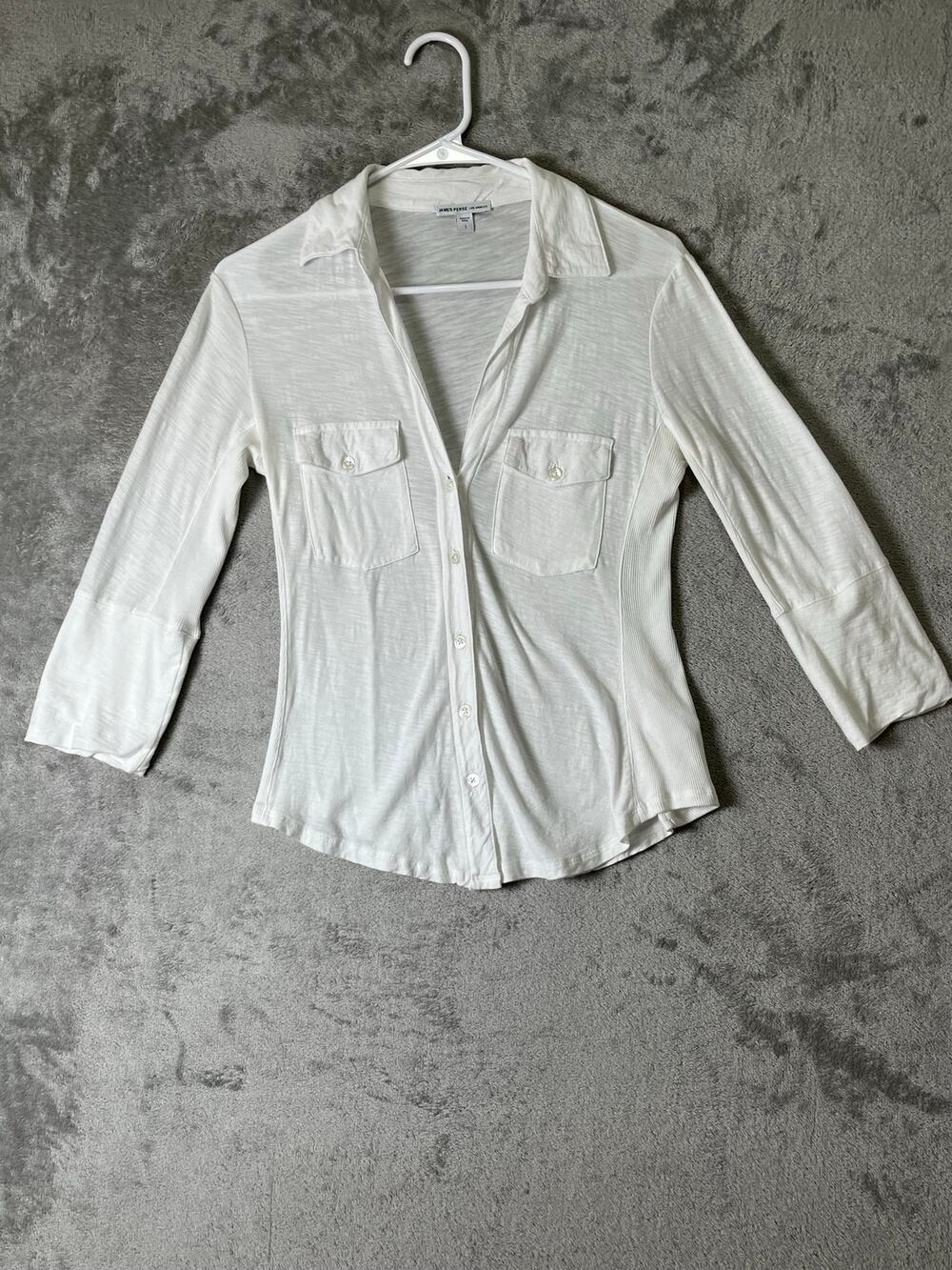 James Perse Sheer Slub Side Panel Shirt White 3/4 Sleeve Button Down Relaxed S